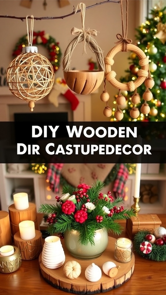 A collection of DIY wooden Christmas decorations including ornaments, wreaths, and centerpieces in a cozy holiday setting.